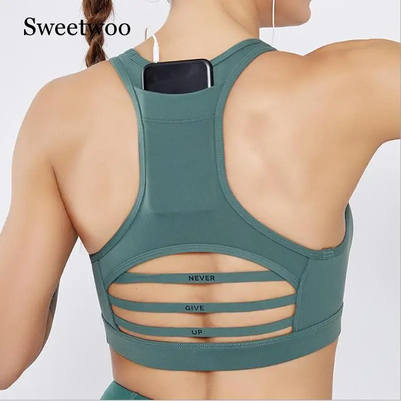 Women Back Pocket Design Sports Bra Quakeproof Running Bra Breathable Hollow Out Fitness Jogging Yoga Bra Cell Phone Pocket Bra