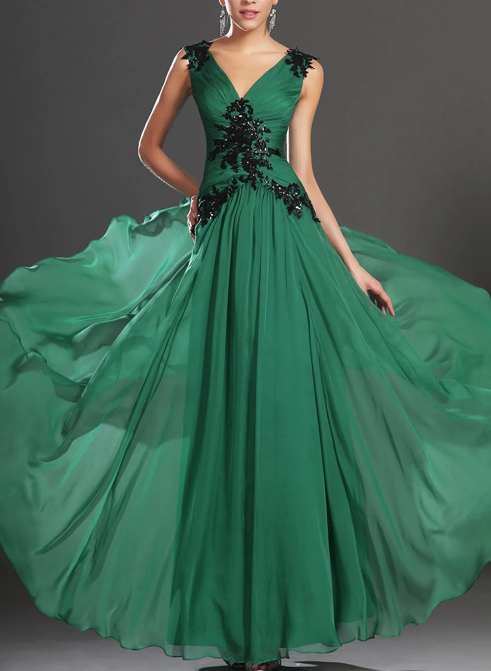 

Emerald Green V Neck V Back Beaded Applique Ruched Chiffon Bridesamid Dress Party Dress