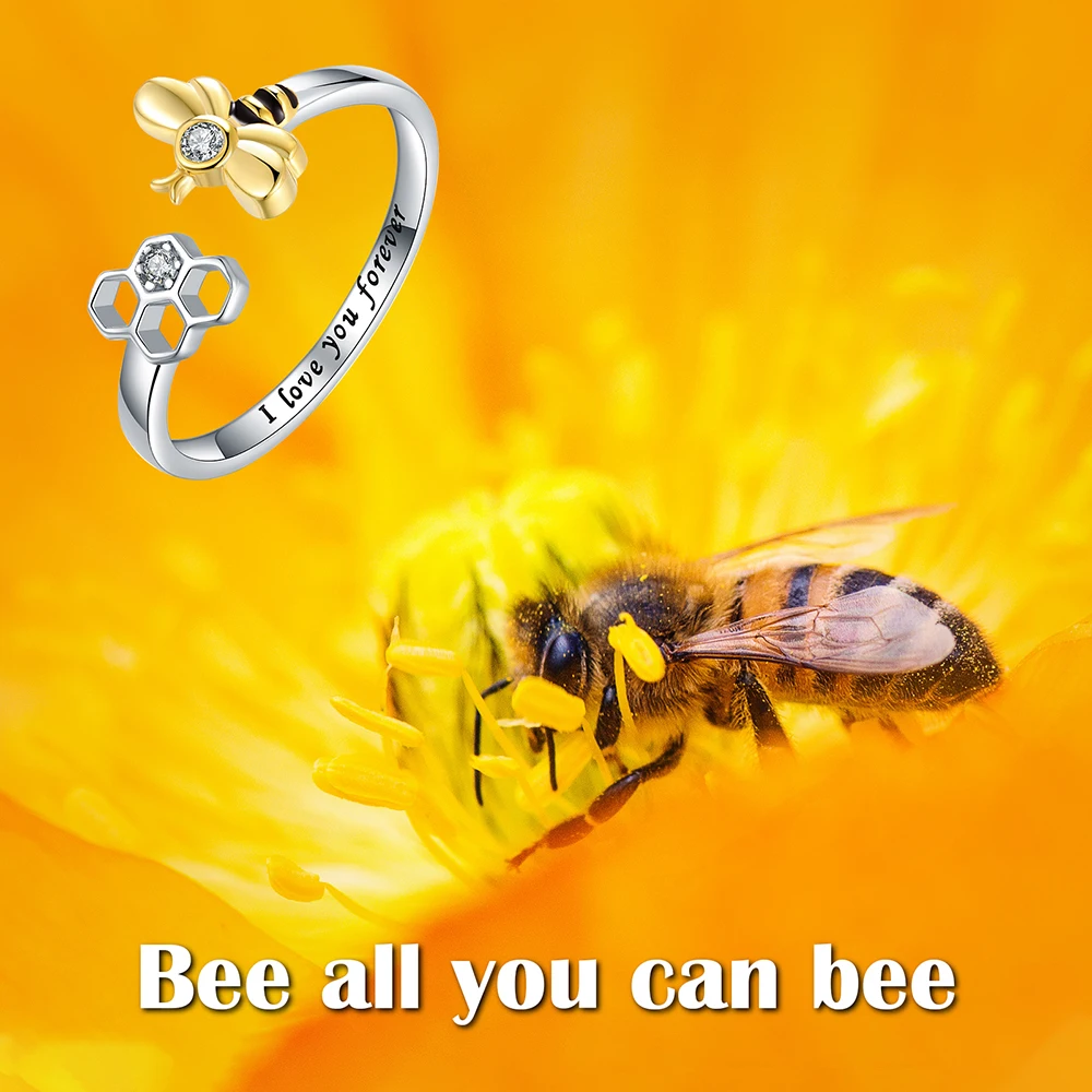 925-Sterling-Silver Cute Animal Lucky Honeycomb Bee Adjustable Open Zircon Rings Bee Lovers Jewelry Gifts for Women Teen Girls