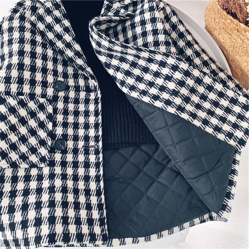 1-10Y Kids Clothes Woolen Plaid Knit Jacket Long Double Breasted Child Lapel Cotton Padding Coat Baby Boy Girl Outerwear Unisex