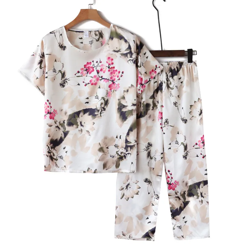 

2PCS Pajamas Set Women's Pajamas Summer Sleepwear Ladies Silky Satin Pijamas De Mujer Floral Printing Pijamas Novelty Clothing