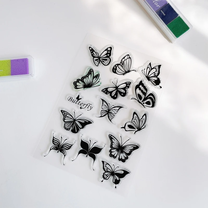 Sellos transparentes silicona reutilizables, sello bonito con patrón mariposa para diario, bricolaje, papel fotográfico hecho a mano, decoración