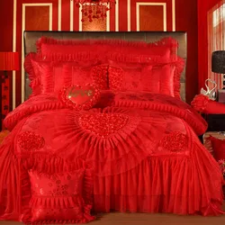 Red Jacquard Satin Cotton Bedding Set, Luxury Chinese Wedding Princess Heart-Shaped Lace Duvet Cover, Bed Sheet, Pillowcases