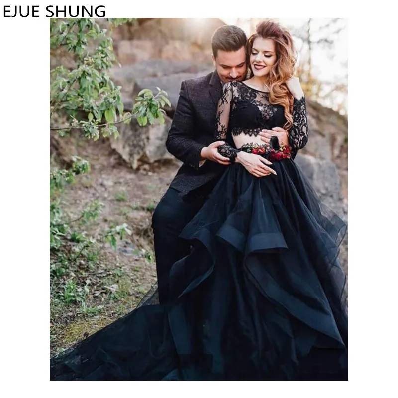 

E JUE SHUNG Elegant Black Lace Wedding Dresses Scoop Neck Long Sleeves Two Pieces With Ruffles Bridal Dresses Vestido De Novia