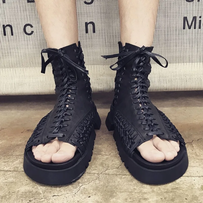 Gothic Mens Lace Up High Top Summer Sandals Luxury Genuine Leather Gladiator Shoes Male Harajuku Open Toe Thick Platform Sandals