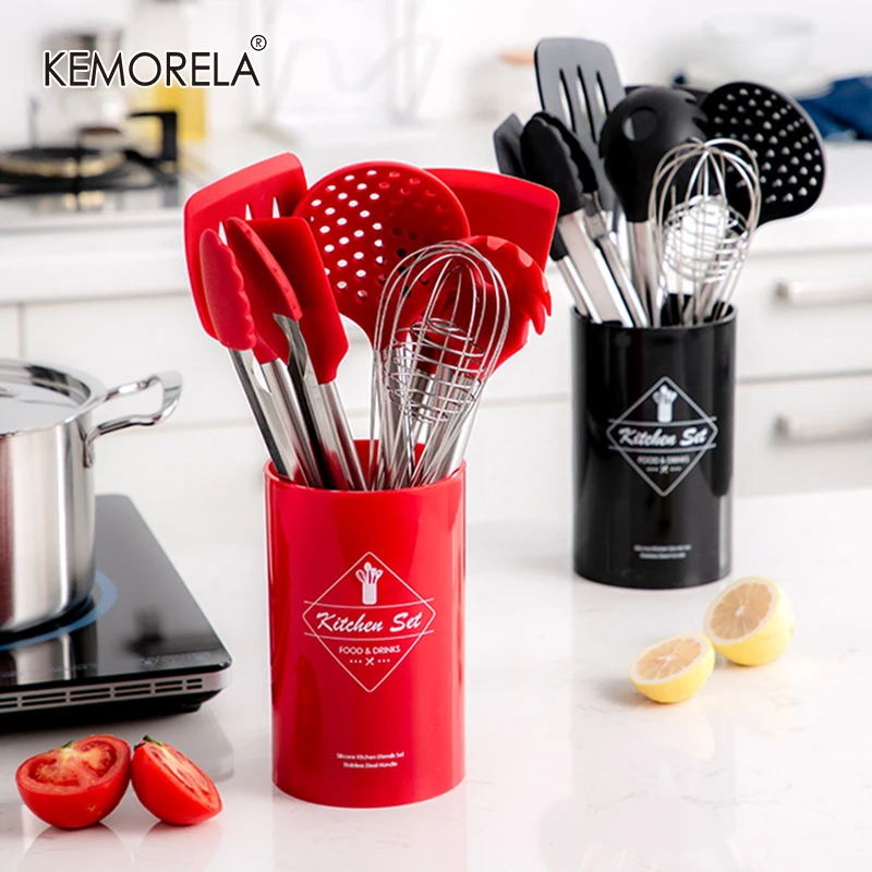 Stainless Steel+Silicone Cooking Utensil Kitchen Tools Turner Soup Spoon Strainer Pasta Server Egg Beater Spatula Food Tongs Red