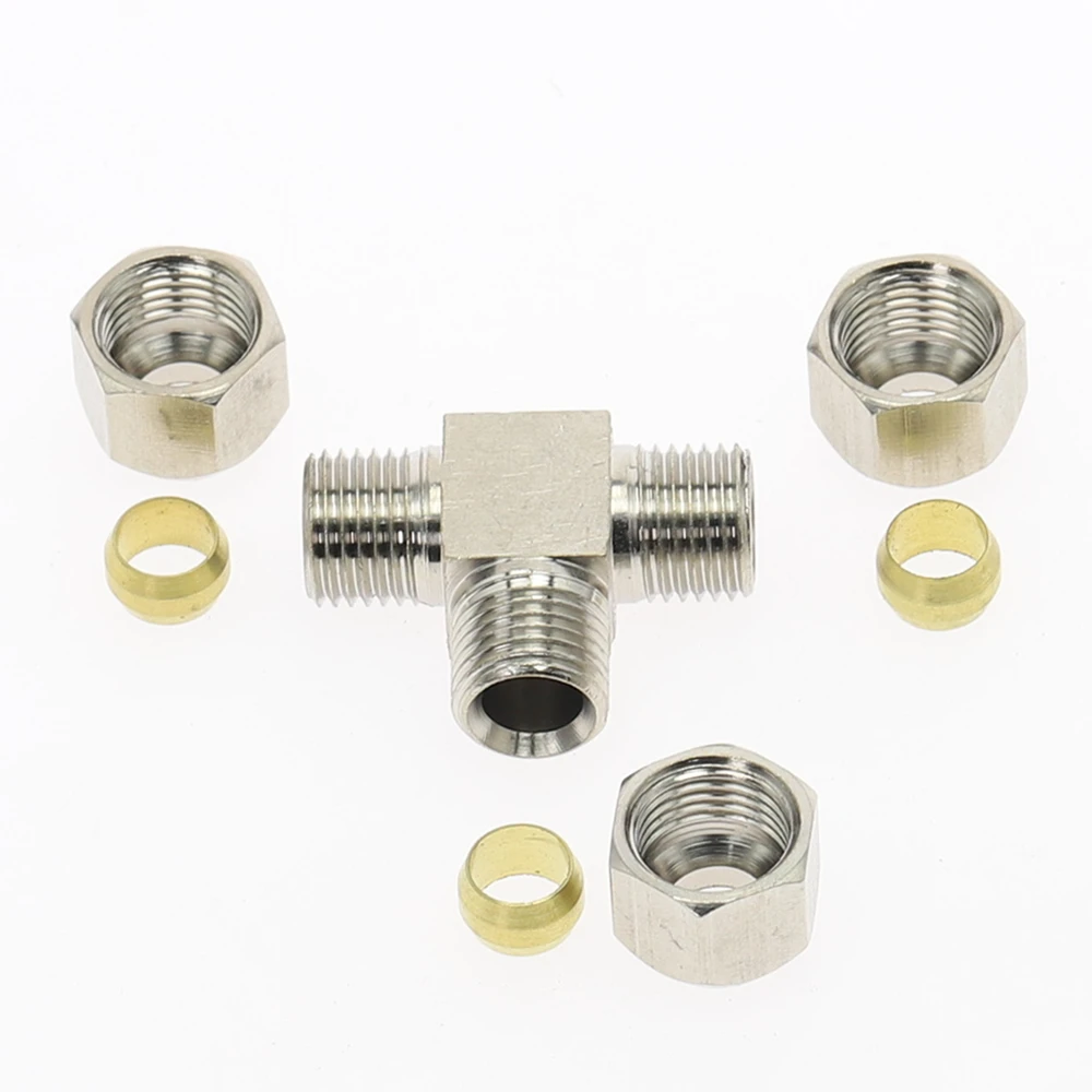 Pneumatic fittings Brass T Type 4 6 8 10 12mm OD Tube Compression Ferrule Tube Compression Fitting Connector PE
