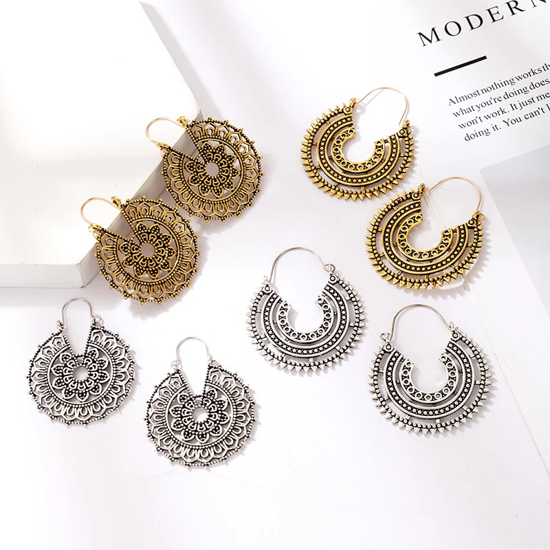 Tocona Vintage Gold Silver Color Geometric Dangle Drop Earrings for Women Alloy Metal Star Ethnic Bohemian Jewelry Accessories