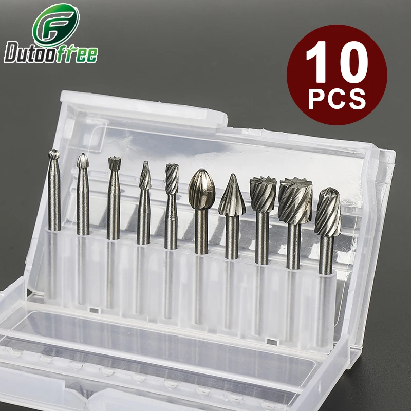 Hss Rotary Burr Mill Cutter Routing Router Bit Mini Broca Acessórios para Ferramentas Rotativas Carpintaria Metalworking com Caixa 10 Pcs Set