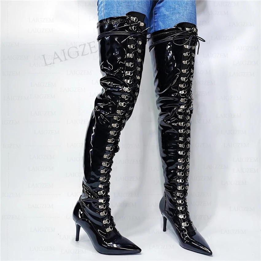 

BERZIMER Women Thigh High Heels Boots Shiny Back Zip 7.5CM Heels Boots Over Knee Wide Calf Friendly Shoes Woman Size 38 41 43 47