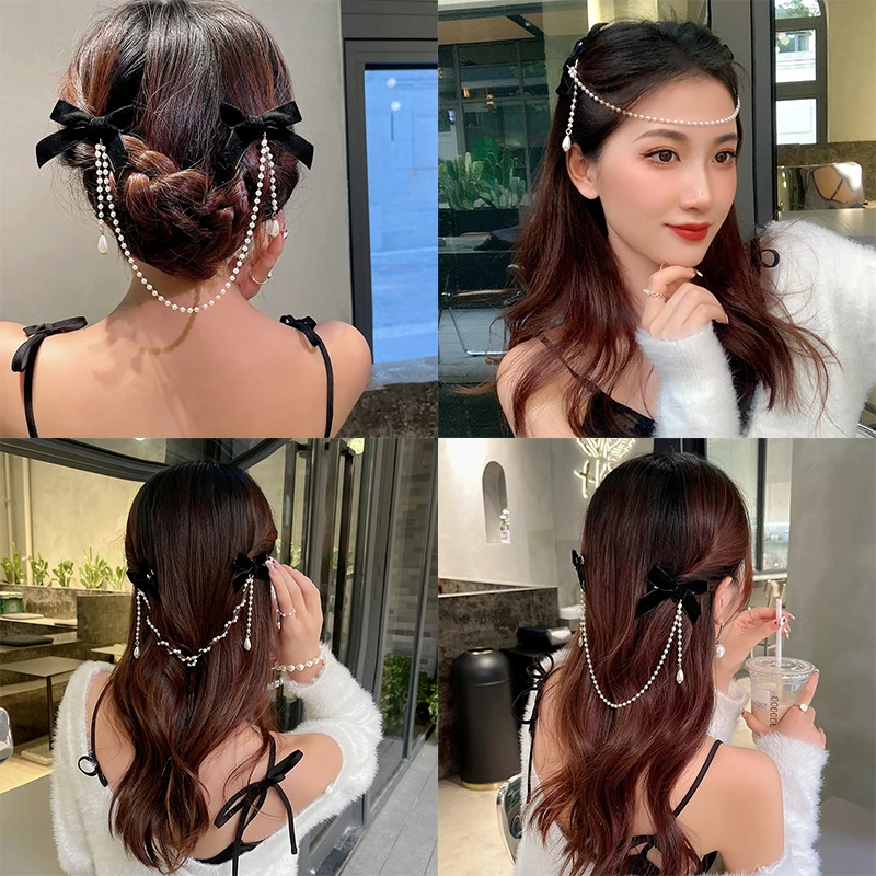 AWAYTR Tassel Elegant Vintage Bow Pearl Chain Hairpins Sweet Hair Decorate Headband Hair Clips For Fashion Hair Accessories