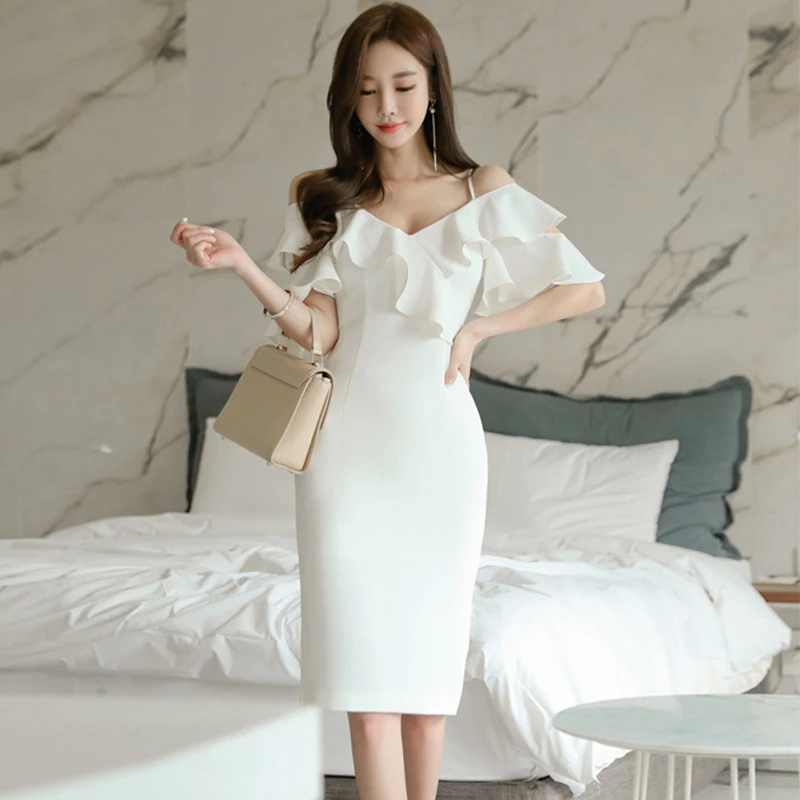 Korean Fashion Summer Party Dress Elegant Women Chic Ruffle Sexy Off-Shoulder Wrap Hip Midi Dresses Mujer Vestido Street Clothes