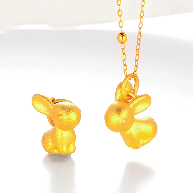 1pcs Pure 999 24k Yellow Gold Pendant For Women Mini 3D Rabbit with 18K Yellow Gold Chain Necklace 18inch