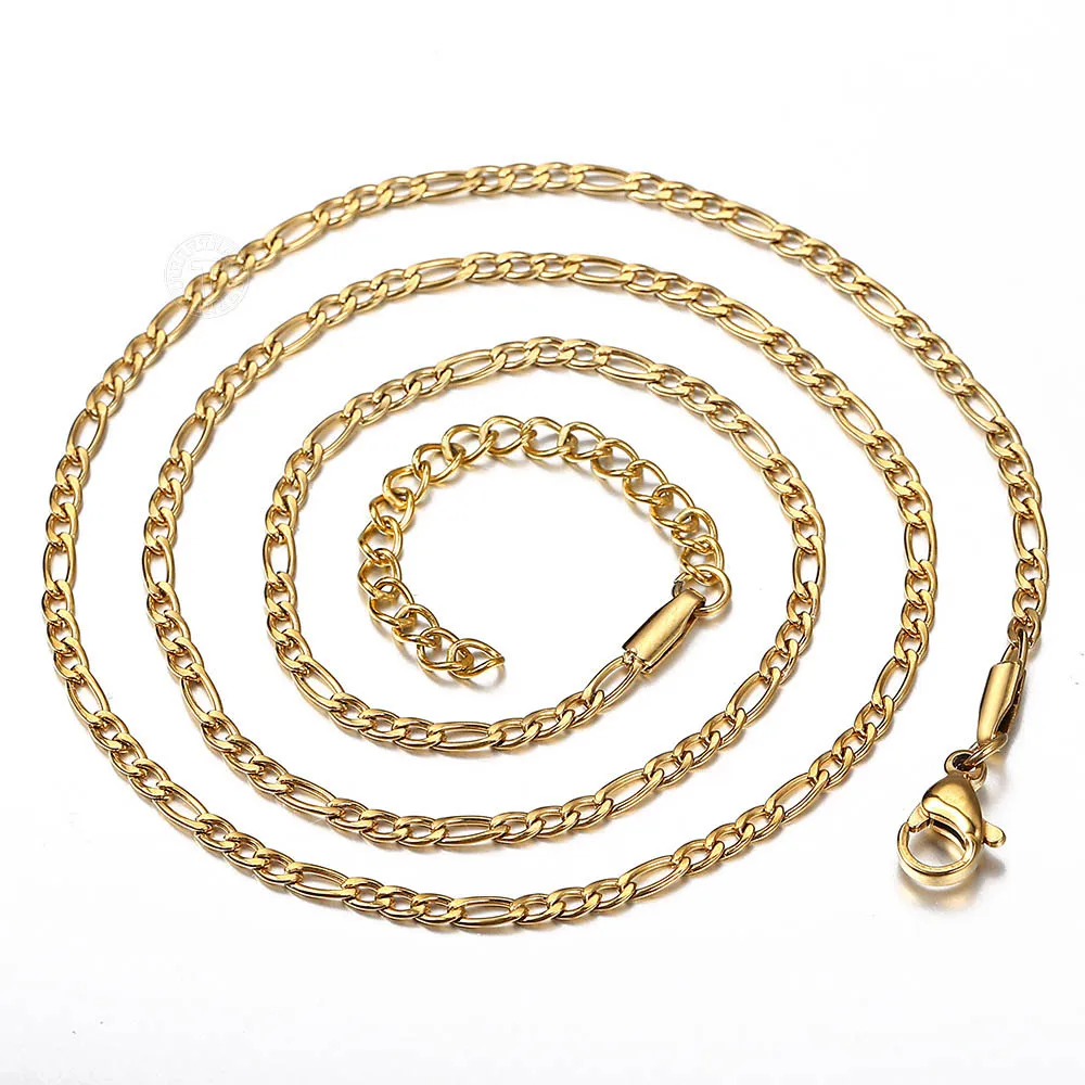 Fashion 3mm Stainless Steel Necklace Choker for Men Women Figaro Link Chain Gold Color Simple Jewelry Accessories KN647