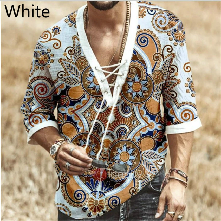 

African Clothes for Men Shirt T-shirt Top Casual Male Loose Fashion Africa Fashion Short Sleeve V Neck Print Shirt Bandage 2022