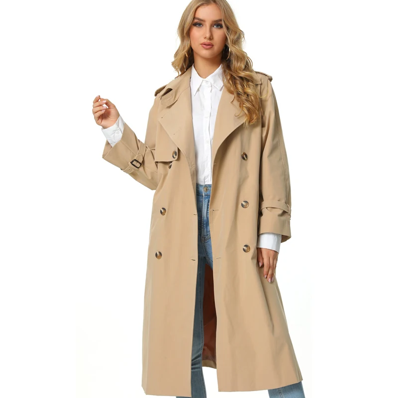 

Vangull Long Solid Women Trench 2021 Autumn Fashion Double Breasted Khaki Ladies Windbreaker Chic Loose Female Sashes Outerwear