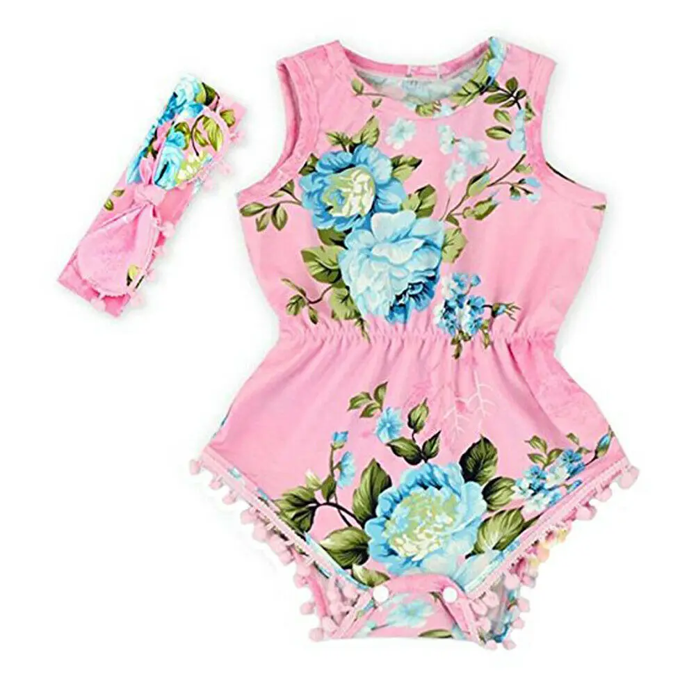 Baby Girl Bodysuit Sleeveless Floral Tassels Summer Clothes Newborn Infant Baby Girl Bodysuit Jumpsuit One Piece Sunsuit