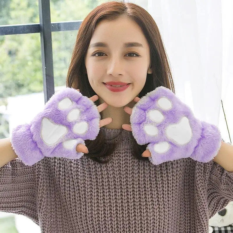 Cat\'s Paw Gloves Ladies Winter Korean Cute Girls Fingerless Thick Warm Bear\'s Paw Plush Half-Finger Fashion Gloves