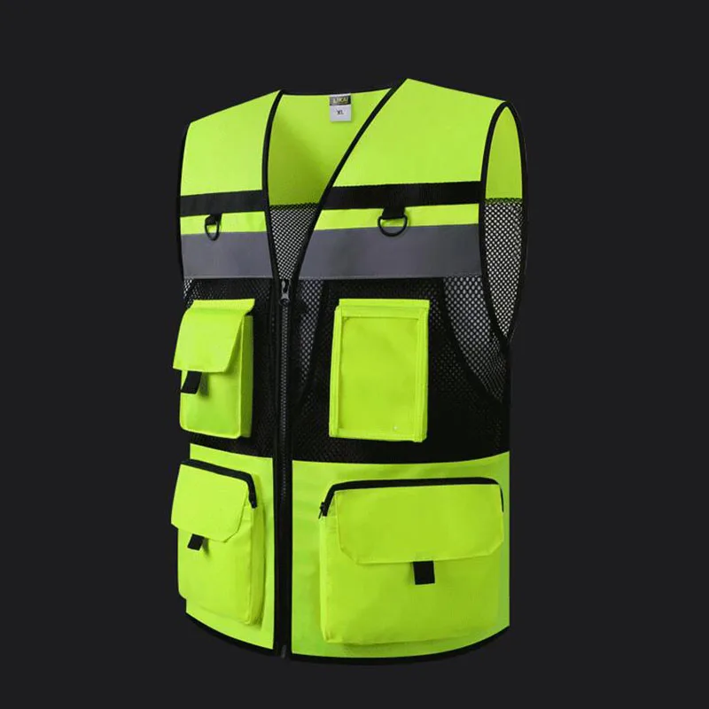 Hi Vis 반사 안전 조끼, 메쉬 여름 조끼, 재킷 조끼, 멀티 포켓 카고 작업복, 남성 보호 경고 조끼