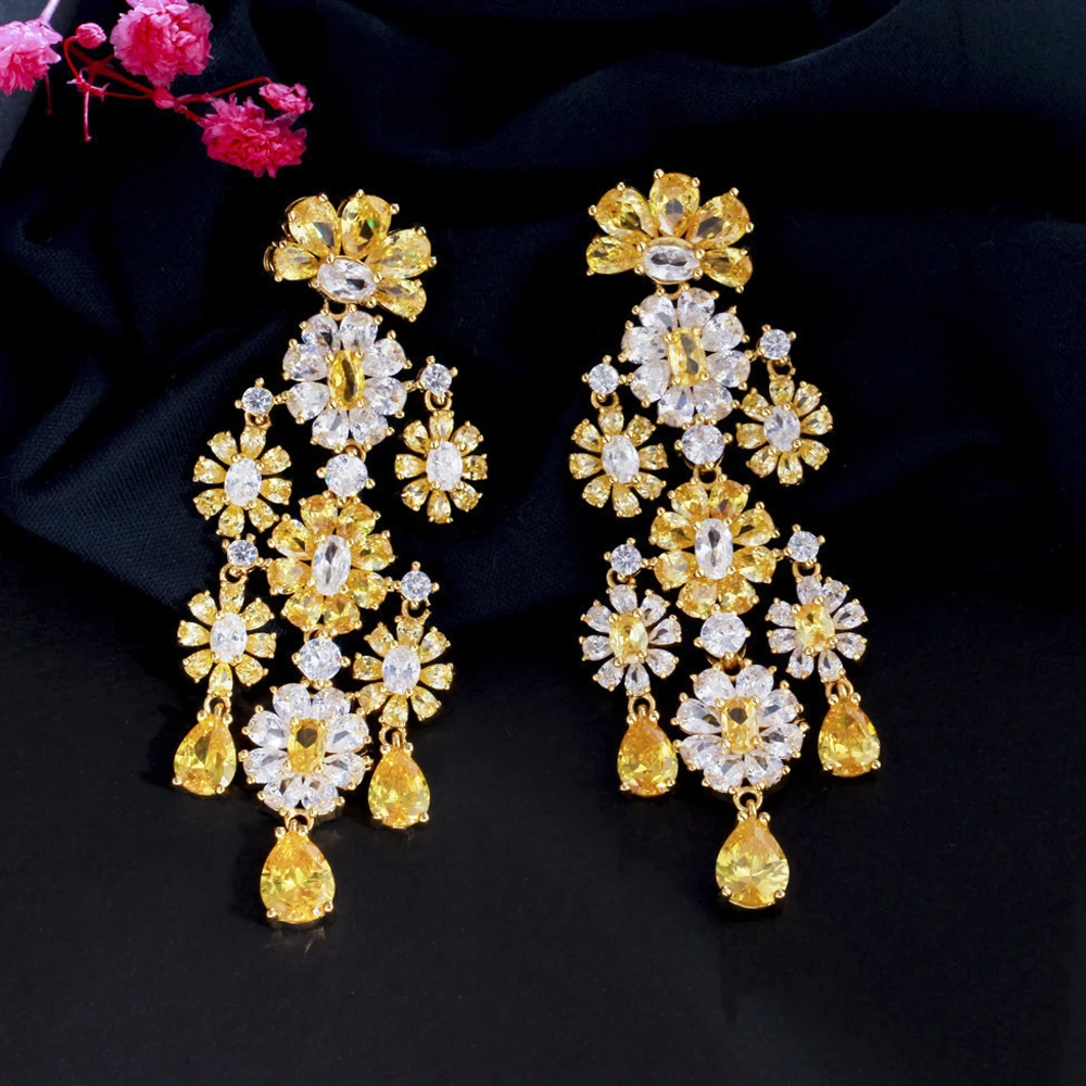 ThreeGraces Elegant Chandelier Shape Yellow CZ Stone Long Dangling Flower Bridal Wedding Drop Earrings for Women Jewelry ER726