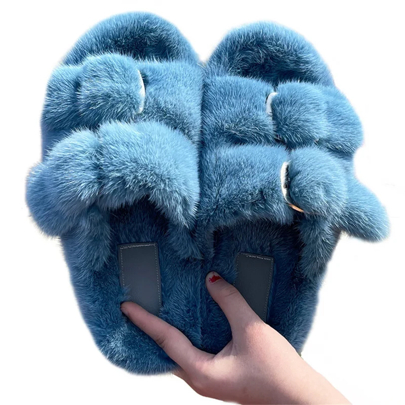 European Station Luxury Fashion Fur Slippers High Quality Mink Fur Slippers Ladies 100% Mink Fur Slippers Flat Heel Slippers