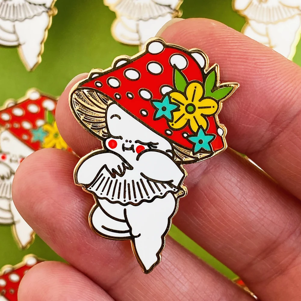 Kawaii Mushroom Kewpie Hard Enamel Pin Cartoon Unique Plant Flowers Red Mushrooms Baby Golden Brooch Backpack Pins Decor