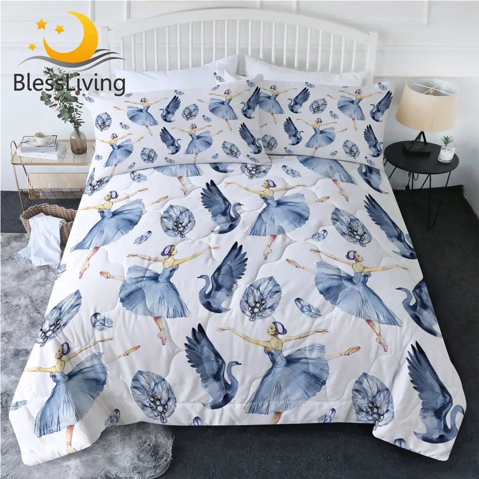 

BlessLiving Ballet Summer Quilt Set Ballerina Watercolor Comforter Elegant Swan Bedding Throw Dancing Girl Thin Duvet Set 3pcs