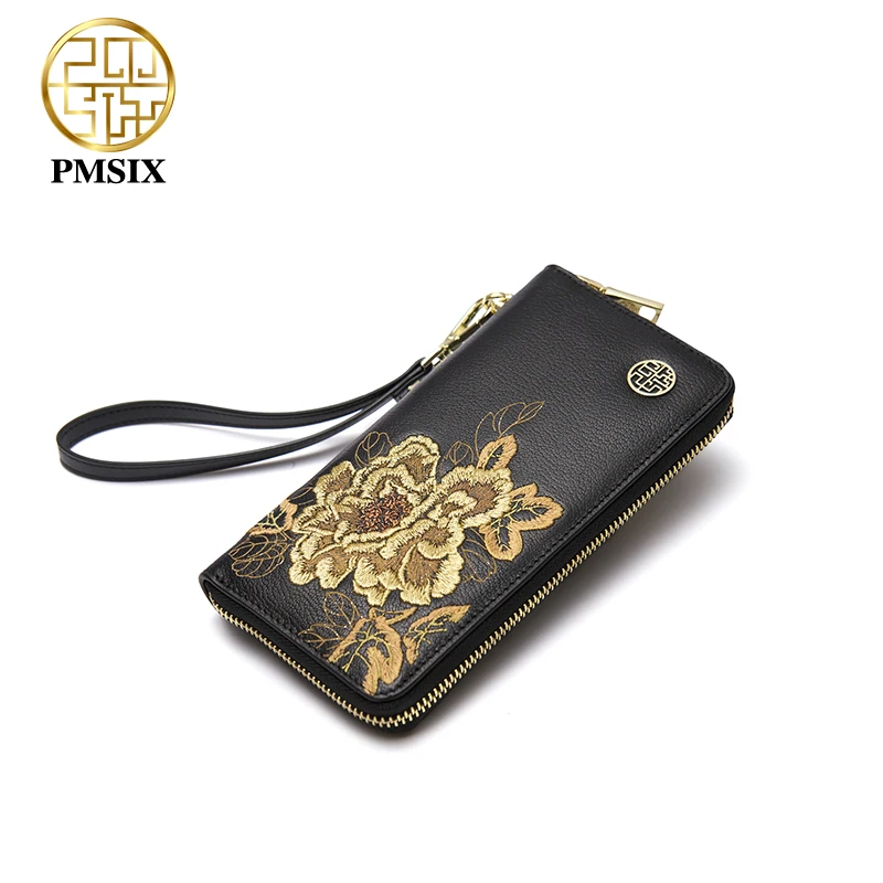 PMSIX Fashion Women Wallets Long Embroidery Genuine Leather Wallet Female Zipper Clutch Coin Purse Ladies Wristlet 2021