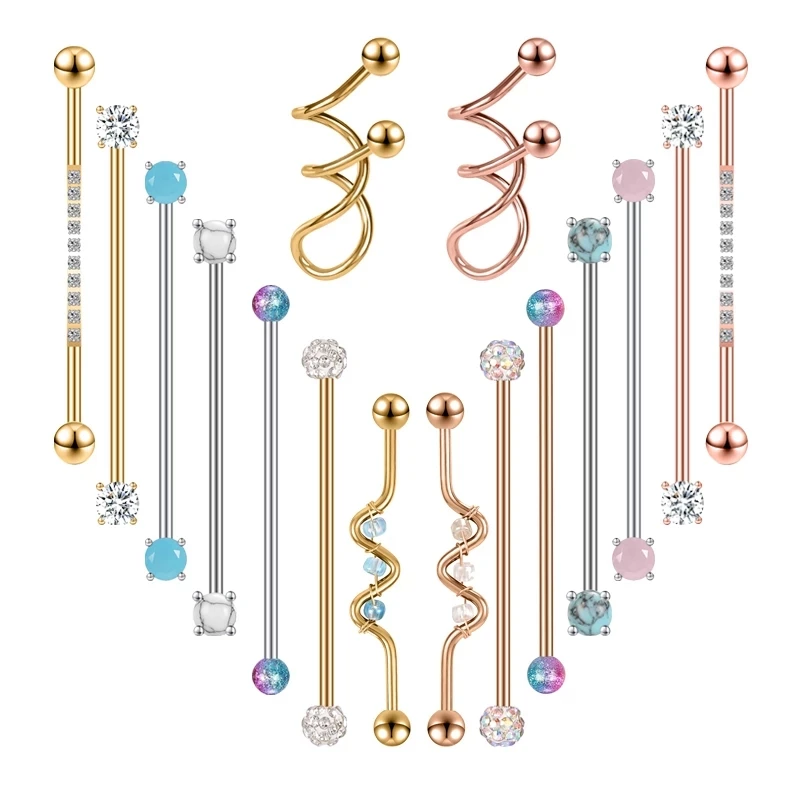 ZS 14 グラム 38 ミリメートル工業用ピアスイヤリング女の子女性ステンレス鋼ロング耳スタッドクリスタルヘリックス軟骨ピアスジュエリー
