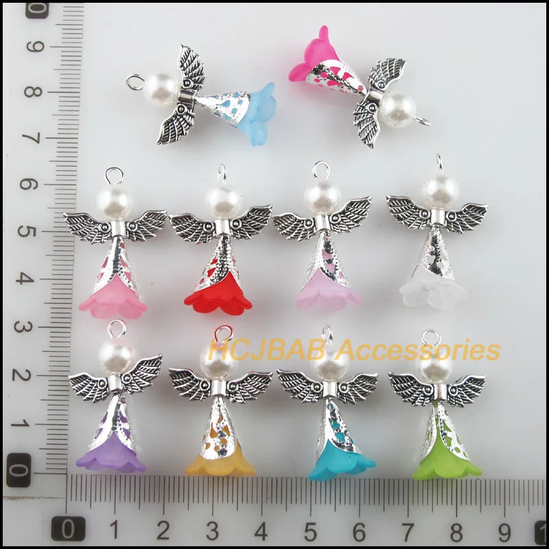 10 New Lovely Angel Charms Mixed Acrylic Tibetan Silver Wings Pendants 21.5x29mm