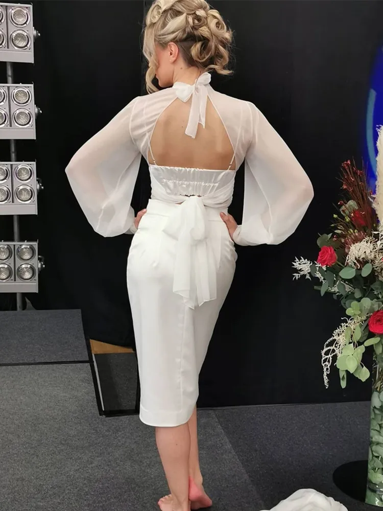 Front Short Long Back Elegant Wedding Dress 2021 New Halter A-Line Detachable Train Full Sleeves Backless For Female Bride Gown