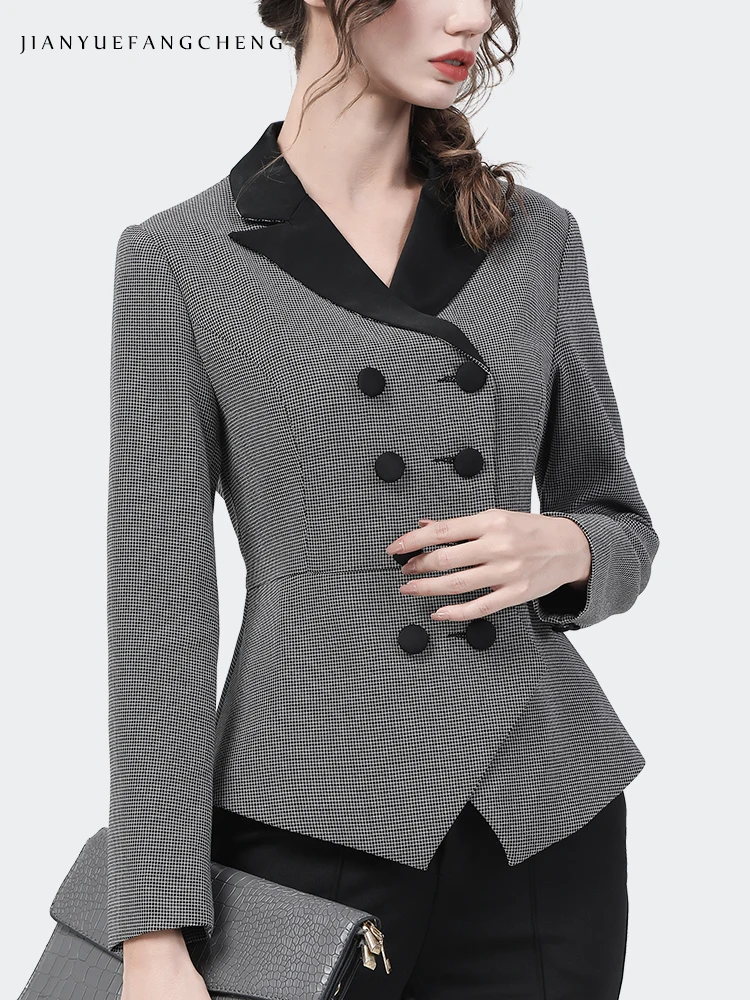 Vintage Grey Plaid Women Blazer Elegant Slim Office Ladies Coat Short Slim 2021 Autumn New Female Work Wear Suit Tops