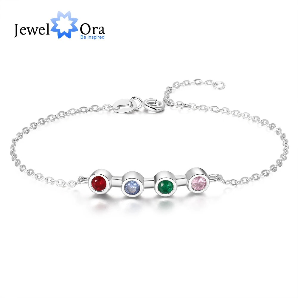 Personalized Jewelry Customized Mother Bracelet with 4 Birthstones Round Zircon Bracelets & Bangles for Women(JewelOra BA102610)