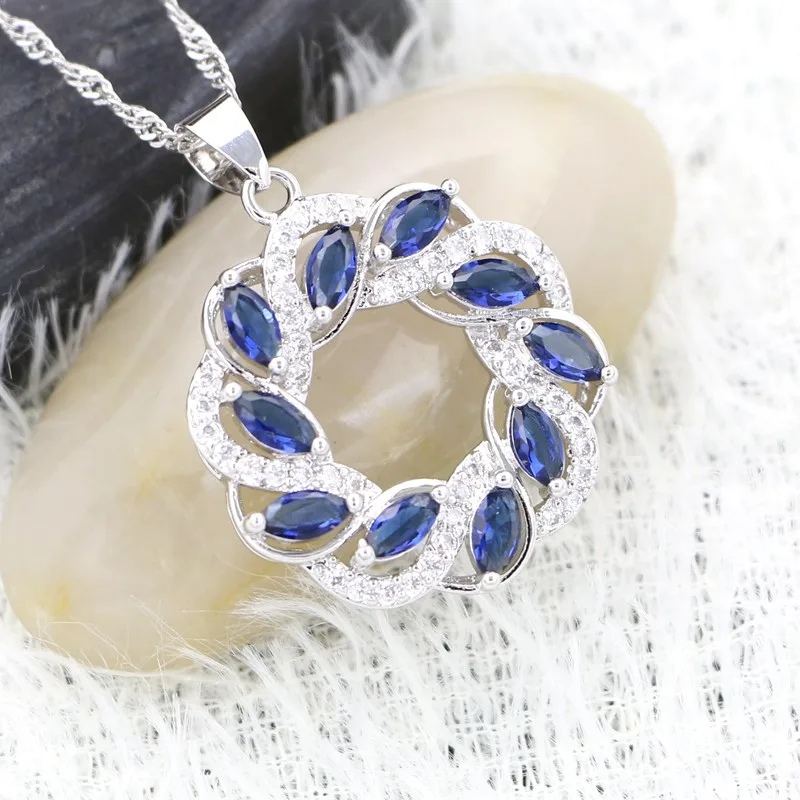 Round Pendant Blue Stones White Crystal 925 Silver Pendant Necklace for Women