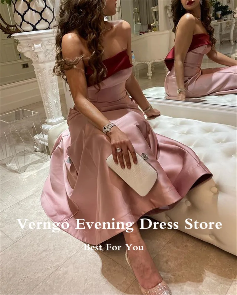 Verngo Blush Pink Satin Long Evening Dresses Ankle Length Strapless Simple Prom Dress Saudi Arabic Women Formal Party Dress