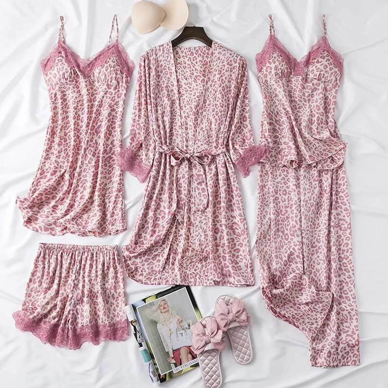 

Spring New Leopard Woman Pijama Set 5PCS Sleepwear Sleep Suit Satin Kimono Strap Top&Pants Pijamas With Chest Pads Nightgown