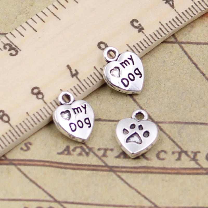 25pcs Charms Heart Love My Dog 13x10mm Antique Bronze Silver Color Pendants Making DIY Handmade Tibetan Finding Jewelry