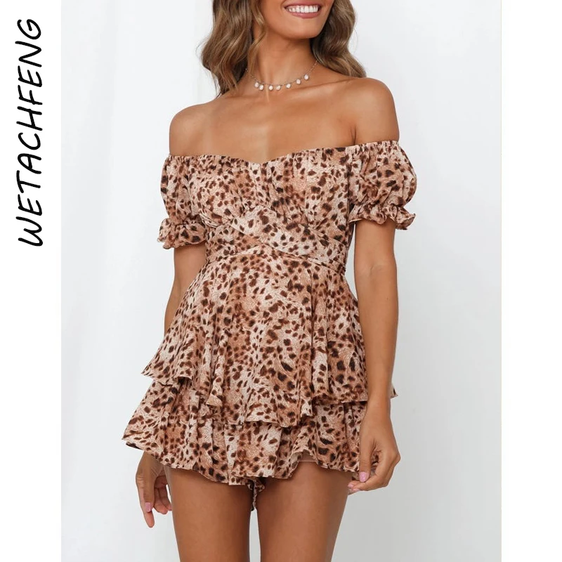 Summer Sexy Leopard Print Backless Jumpsuits V Neck Ruffles Beach Boho Rompers Shorts 2021 Elegant Overalls For Women Clothing