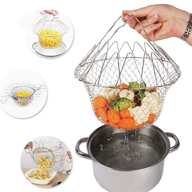 

New Foldable Stainless Steel Basket Net Deep Fryers steam fruit rinse strain Multifunction Mesh Strainer Kitchen Cooking Tool