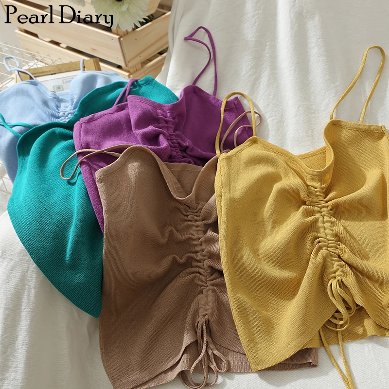 Pearl Diary Women Knit Solid Camisole Drawstring Spaghetti Crop Top Summer Sweater Sexy Short Camis Top Casual Top Elegant Top