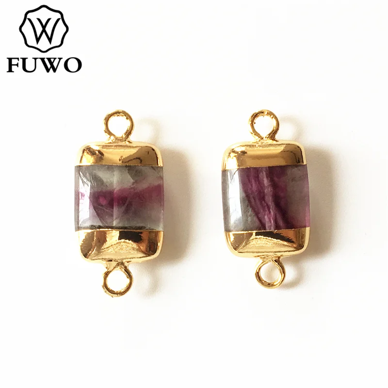 FUWO Natural Fluorite Connecter Pendant With Gold Brass Plated Polished Geometric Design Semi Precious Jewelry Wholesale PD329