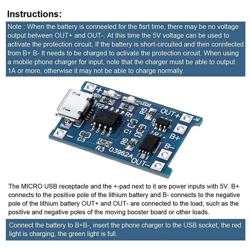 배터리 보호 기능이 있는 TP4056 충전 모듈 6 개, 18650 BMS 5V 마이크로 USB 1A 충전 보드 18650 용