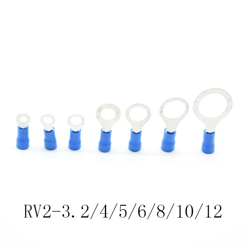 50pcs Blue RV2- 3.2/4/5/6/8/10/12 Ring Insulated Wire Connector Electrical Crimp Terminal  Cable Wire Connector AWG