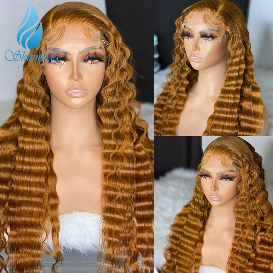 Shumeida Ginger Color 13*4 Lace Front Wig with Baby Hair Brazilian Remy Human Hair Deep Wave Glueless WigsPrePlucked Hairline