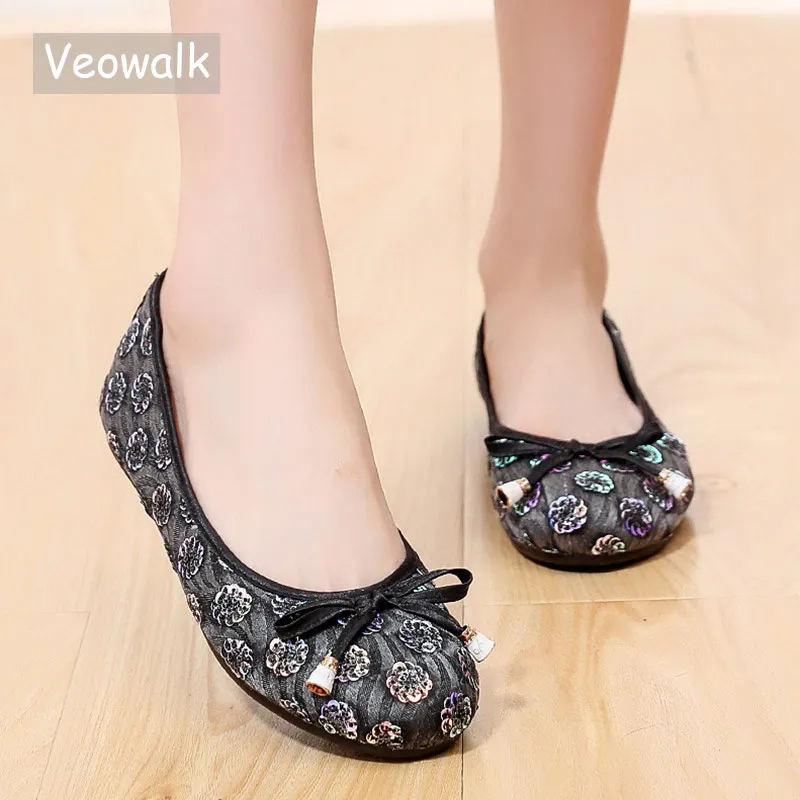 Veowalk Gilt Sequins Women Slip On Cotton Ballet Flats Comfortable Breathable Soft Flat Shoes Retro Ladies Casual Ballerinas