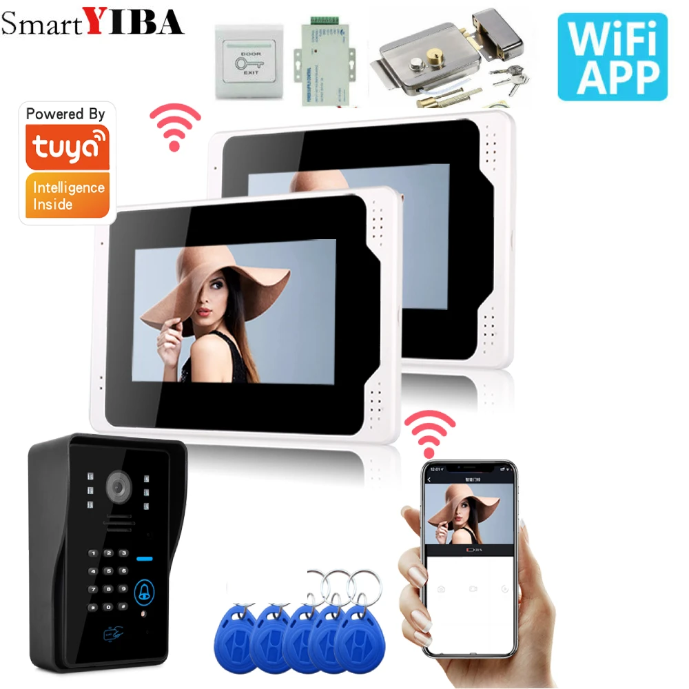 7 inch 1~2 Monitors Wired Wifi RFID Password Video Door Phone Intercom System Kit+ Electric Lock+ Wireless Remote Control unlock