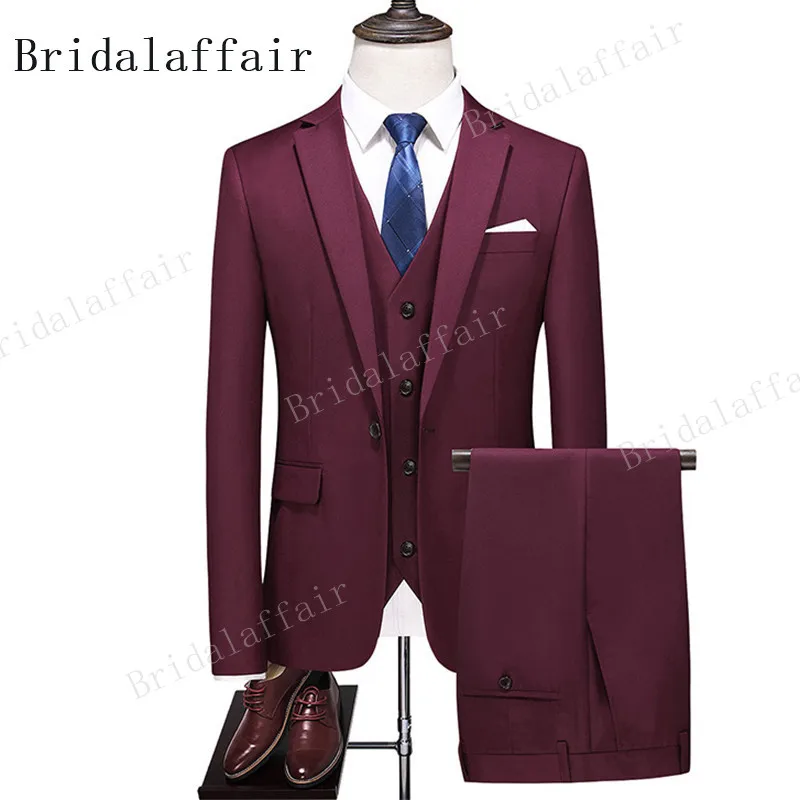 

KUSON Men's Burgund Suits Slim Fit 3-piece Blazer Coat Vest Pants Set Elegant Wedding Prom Tuxedos Suit for Men Costume Homme