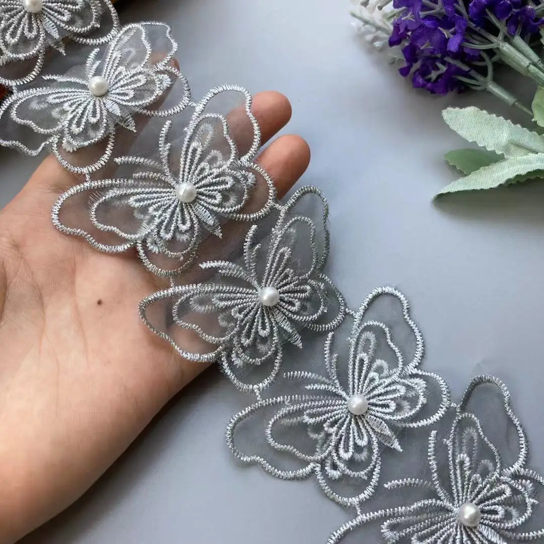 2 yards Grey Double Layer Butterfly Lace Trim Ribbon Embroidered Fabric Polyester Pearl Flower DIY Sewing Craft For Hat Craft