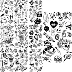 Tatuajes temporales de Halloween para adultos y niños, calaveras de ancla, Pirata, Panda, brújula, tatuaje falso, pegatina para el cuello y el cuerpo