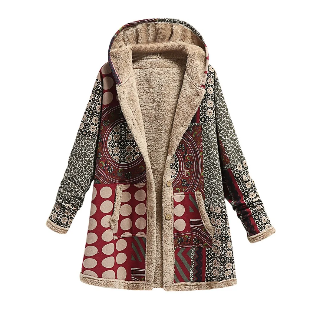 Winter Women\'s Hooded Coat Pocket Cashmere Thick Patchwork Female Jacket Retro Long Sleeve Loose Cotton Linen Printed Lady Coat